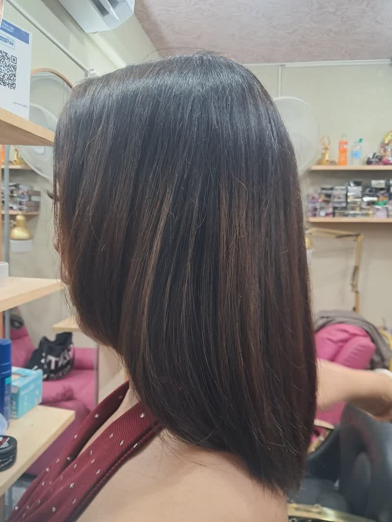 Straight dark brown angled bob, back view