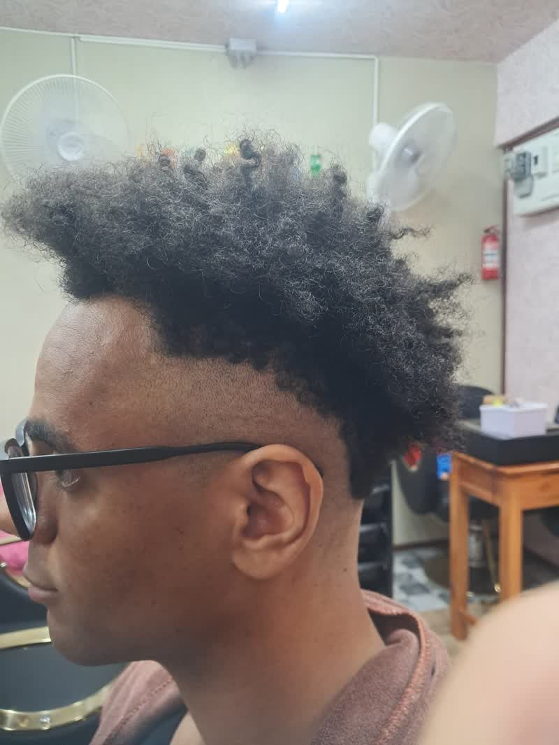 Curly hair with faded sides, side view in the salon